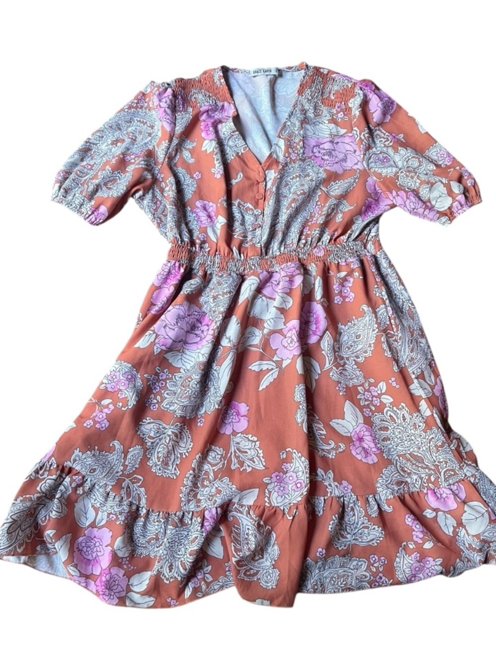 Grace Karin Rust Floral Dress with Pink Accents